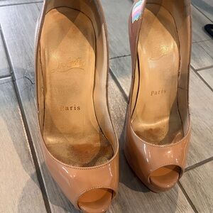 Christian Louboutin Patent Leather Nude Peep-Toe Heels